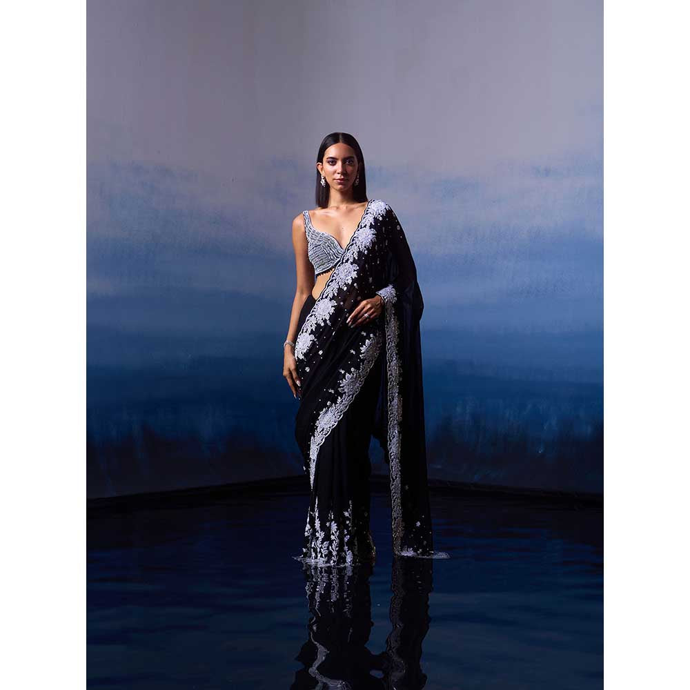 ANGAD SINGH Black Georgette Saree with Stitched Blouse and Petticoat