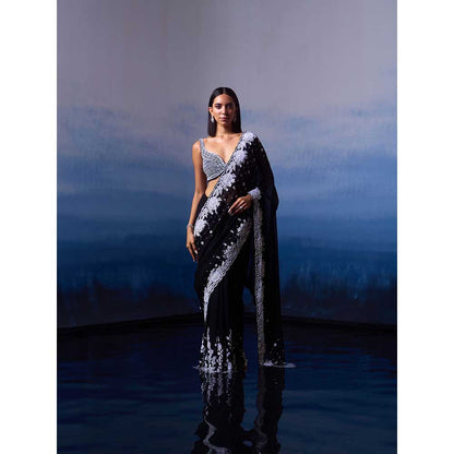 ANGAD SINGH Black Georgette Saree with Stitched Blouse and Petticoat