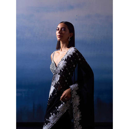 ANGAD SINGH Black Georgette Saree with Stitched Blouse and Petticoat
