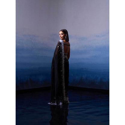 ANGAD SINGH Black Georgette Saree with Stitched Blouse and Petticoat