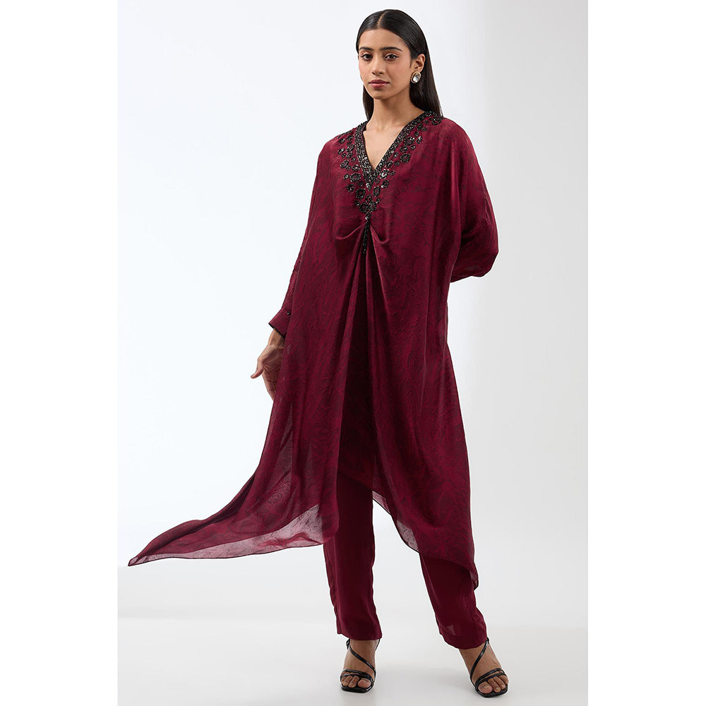 Anjali Kanwar Maroon Printed Kaftan and Pant (Set of 2)