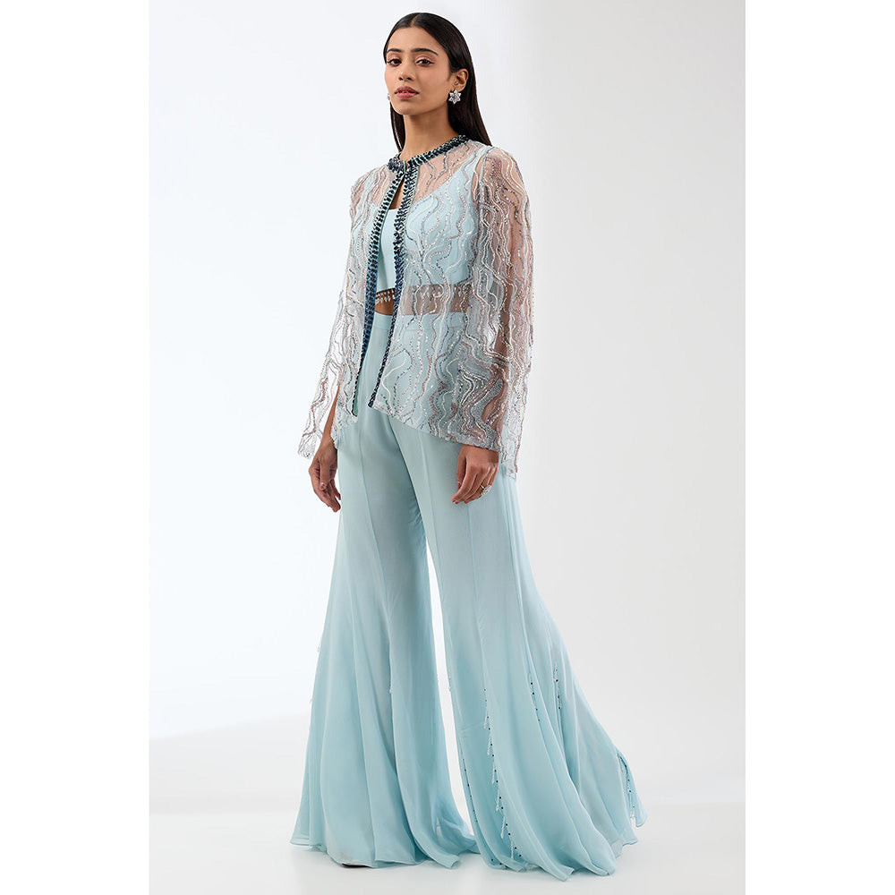 Anjali Kanwar Blue Embellished/Sequined Bustier with Cape and Sharara (Set of 3)