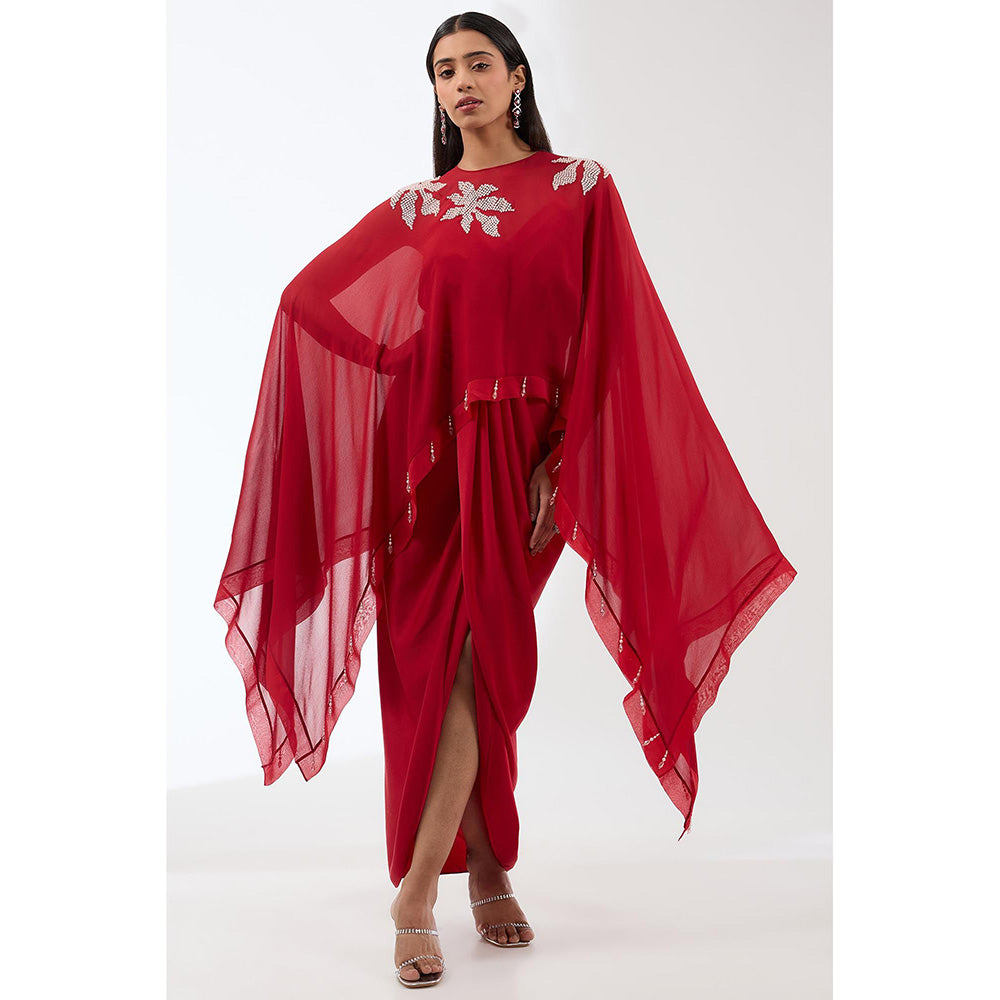 Anjali Kanwar Red Embellished/Sequined Gown with Cape (Set of 2)