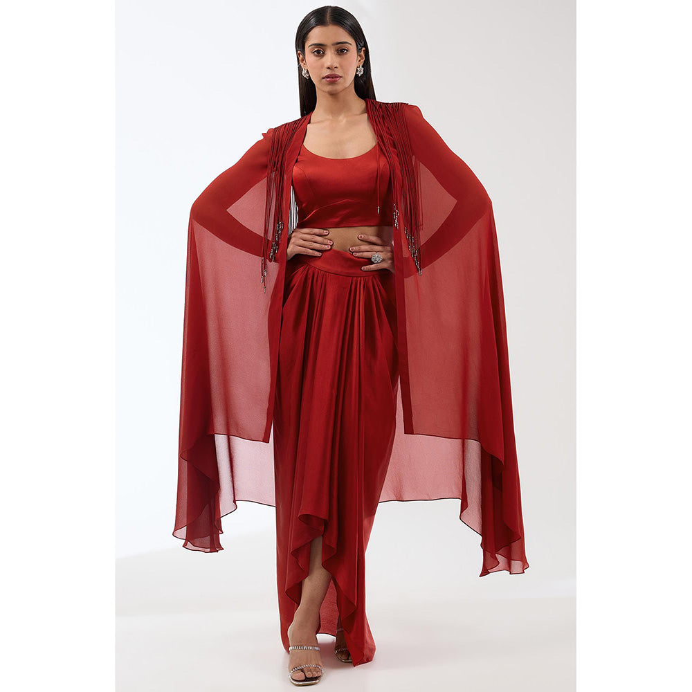 Anjali Kanwar Red Solid/Plain Cape with Bustier and Skirt (Set of 3)