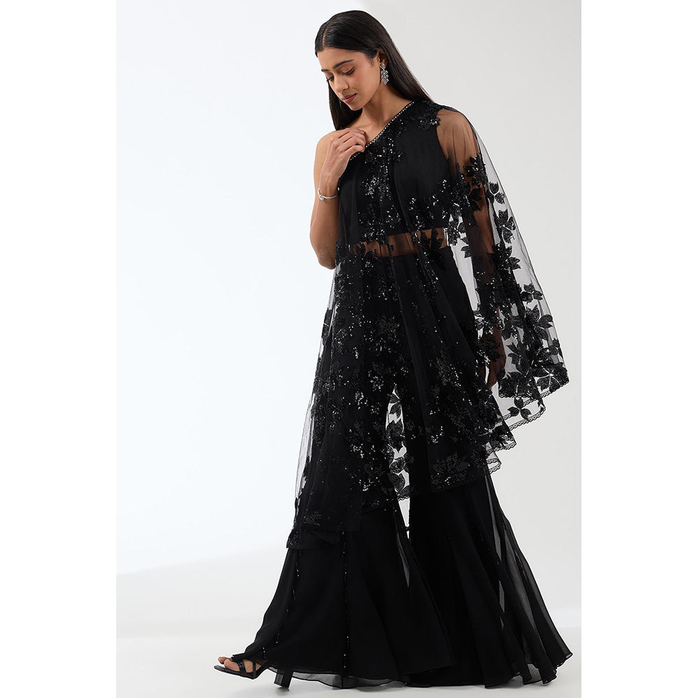 Anjali Kanwar Black Embellished/Sequined Cape Top with Flared Pant (Set of 2)