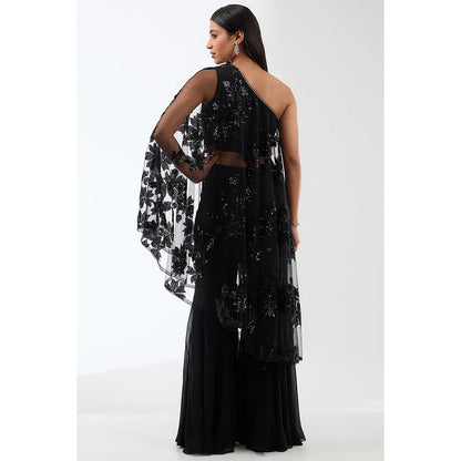 Anjali Kanwar Black Embellished/Sequined Cape Top with Flared Pant (Set of 2)