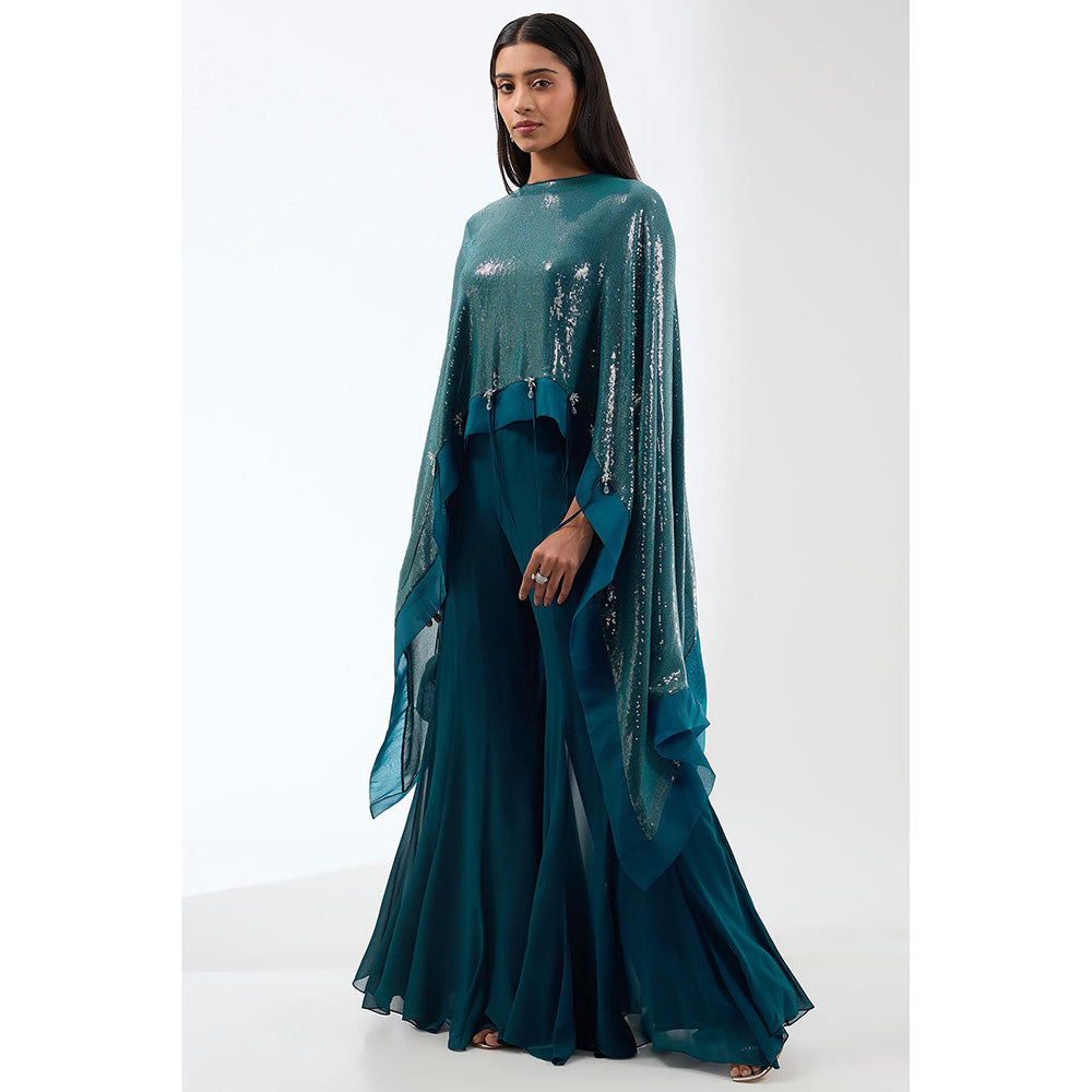 Anjali Kanwar Teal Embellished/Sequined Bustier with Cape and Sharara (Set of 3)