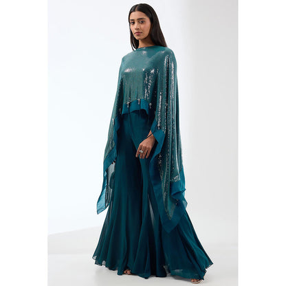 Anjali Kanwar Teal Embellished/Sequined Bustier with Cape and Sharara (Set of 3)