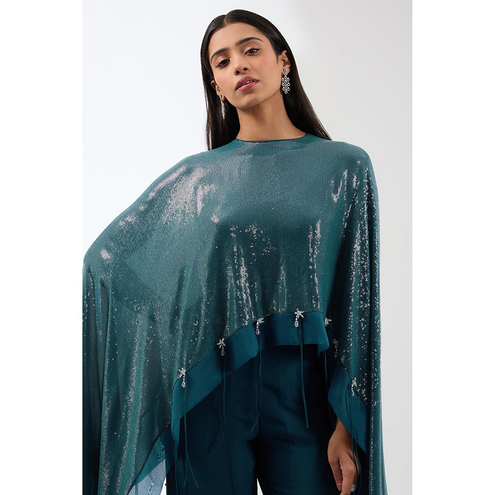 Anjali Kanwar Teal Embellished/Sequined Bustier with Cape and Sharara (Set of 3)