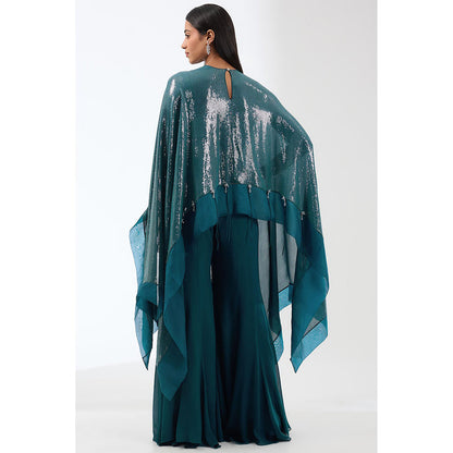Anjali Kanwar Teal Embellished/Sequined Bustier with Cape and Sharara (Set of 3)
