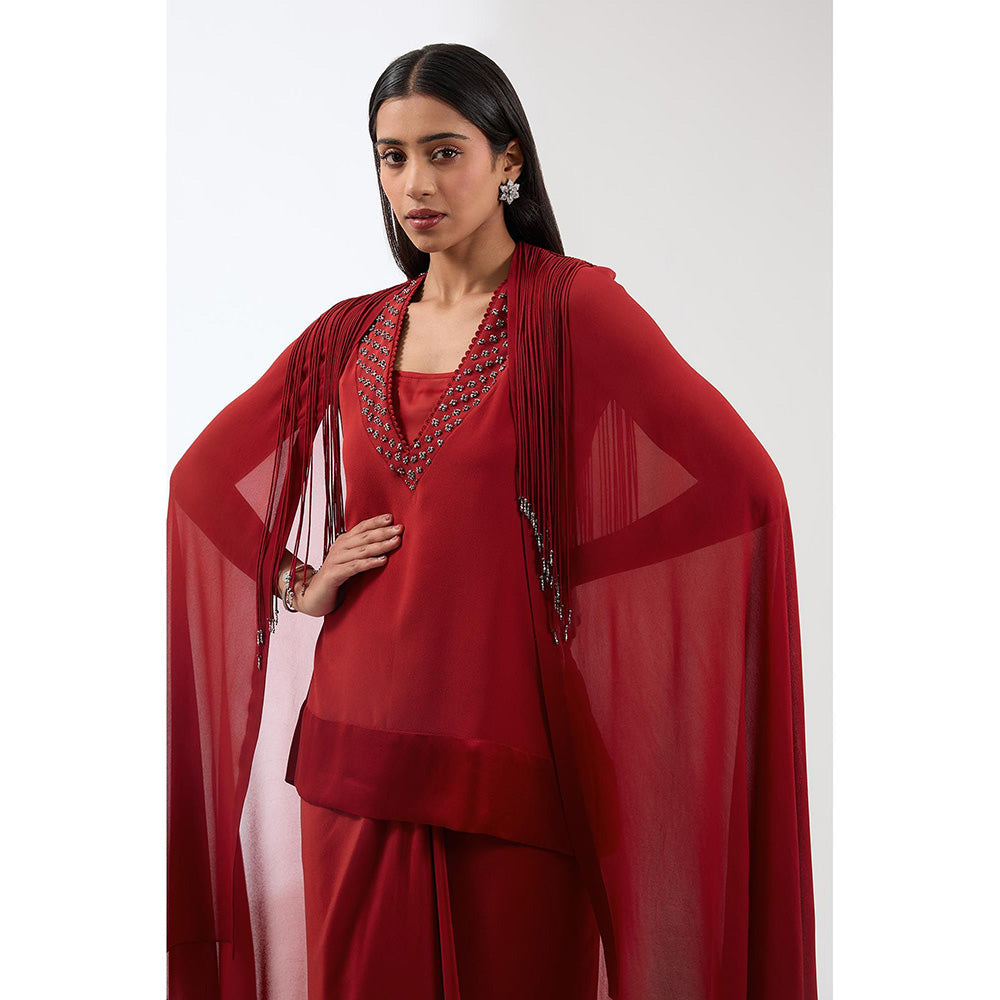 Anjali Kanwar Maroon Embroidered Kurti with Skirt and Cape (Set of 3)