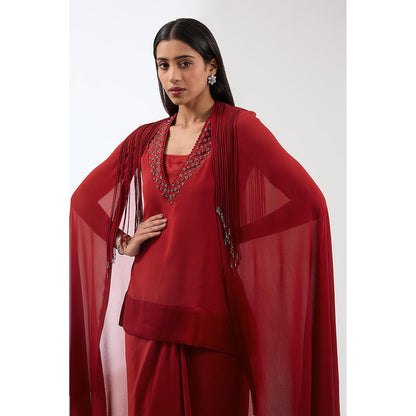 Anjali Kanwar Maroon Embroidered Kurti with Skirt and Cape (Set of 3)
