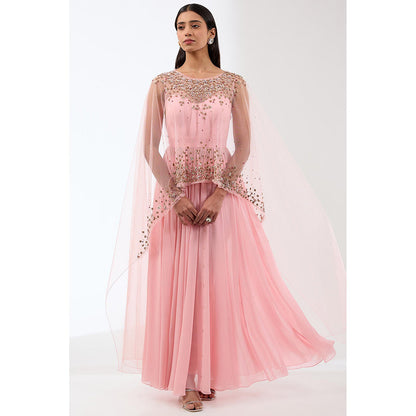 Anjali Kanwar Pink Embellished/Sequined Anarkali with Attached Cape and Churidar (Set of 2)