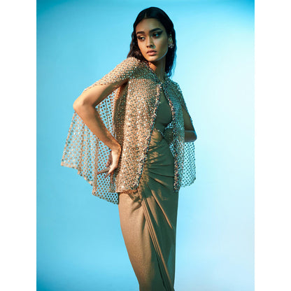 Anjali Kanwar Beige Embellished/Sequined Maia Cape with Bustier and Skirt (Set of 3)
