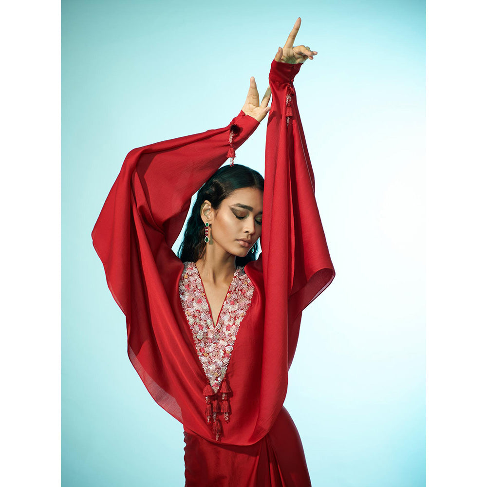 Anjali Kanwar Red Embellished/Sequined Starla Kaftan with Skirt (Set of 2)