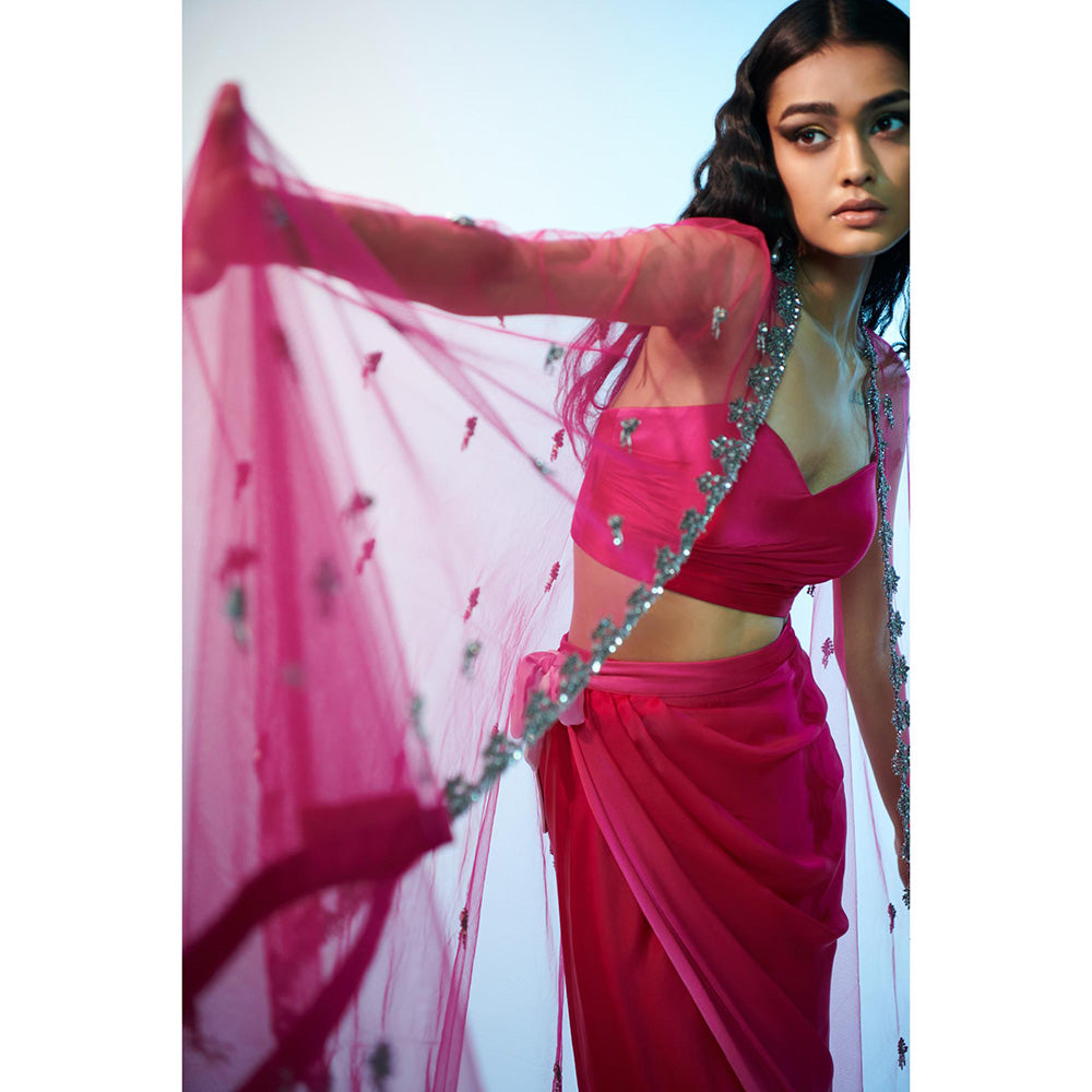 Anjali Kanwar Pink Embellished/Sequined Alhena Cape with Bustier and Skirt (Set of 3)