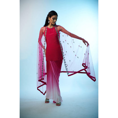 Anjali Kanwar Red Embellished/Sequined Lyra Cape with Tunic and Skirt (Set of 3)