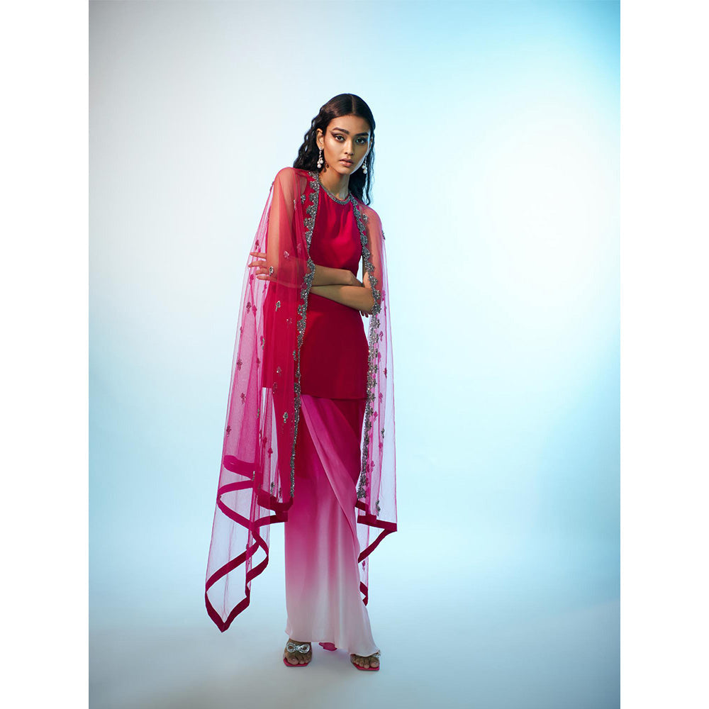 Anjali Kanwar Red Embellished/Sequined Lyra Cape with Tunic and Skirt (Set of 3)