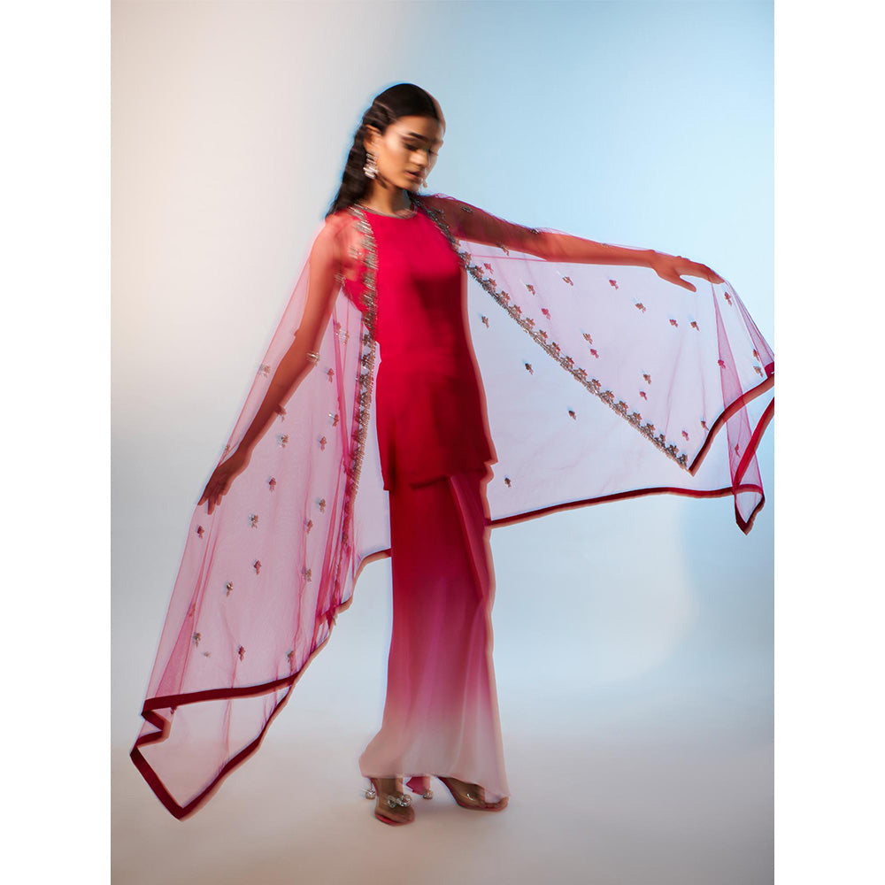 Anjali Kanwar Red Embellished/Sequined Lyra Cape with Tunic and Skirt (Set of 3)