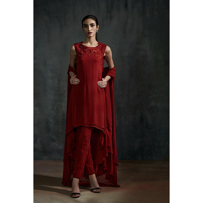 Anjali Kanwar Maroon Embroidered Diana Kurta with Cape and Pant (Set of 3)