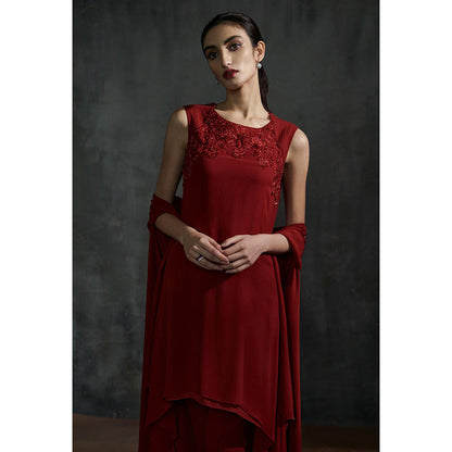 Anjali Kanwar Maroon Embroidered Diana Kurta with Cape and Pant (Set of 3)