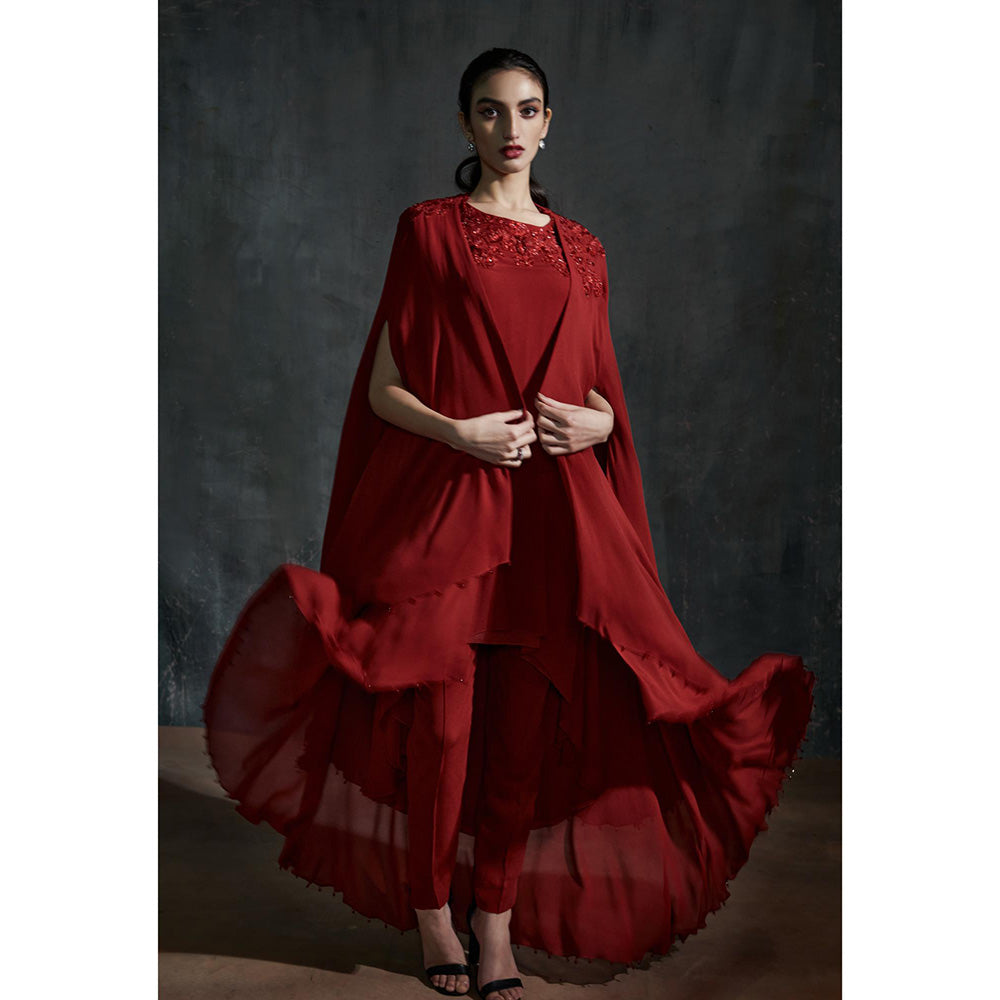 Anjali Kanwar Maroon Embroidered Diana Kurta with Cape and Pant (Set of 3)