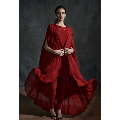Anjali Kanwar Maroon Embroidered Diana Kurta with Cape and Pant (Set of 3)