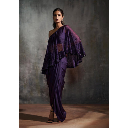 Anjali Kanwar Purple Embellished/Sequined Aurora Cape with Bustier and Draped Skirt (Set of 3)