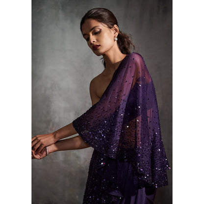 Anjali Kanwar Purple Embellished/Sequined Aurora Cape with Bustier and Draped Skirt (Set of 3)