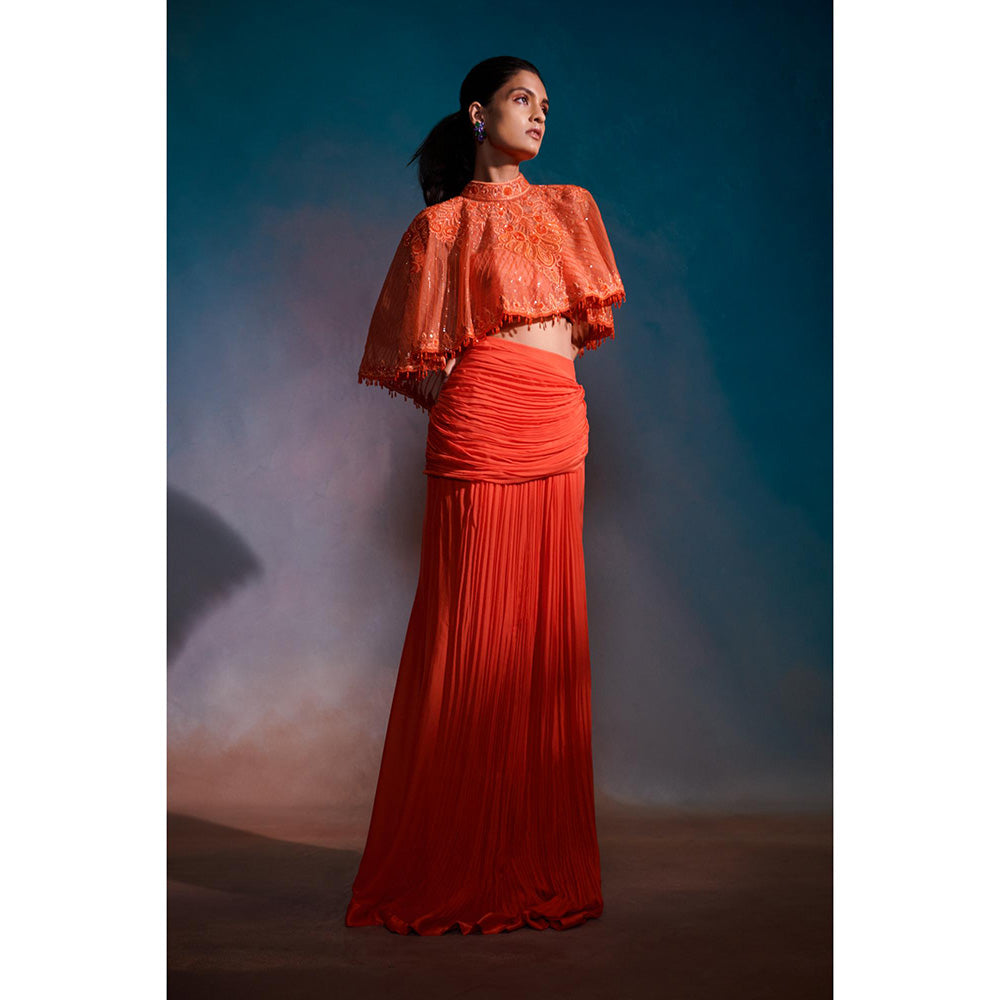 Anjali Kanwar Orange Embellished/Sequined Sirius Cape with Bustier and Skirt (Set of 3)