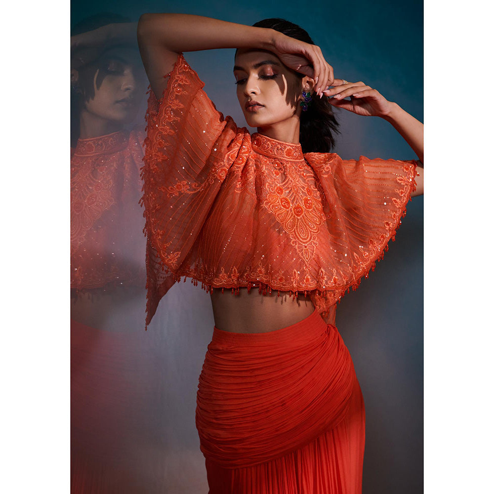 Anjali Kanwar Orange Embellished/Sequined Sirius Cape with Bustier and Skirt (Set of 3)