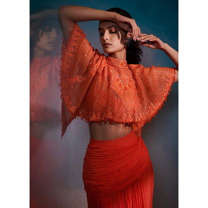 Anjali Kanwar Orange Embellished/Sequined Sirius Cape with Bustier and Skirt (Set of 3)