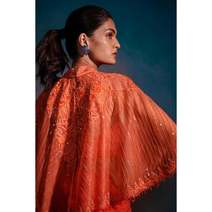 Anjali Kanwar Orange Embellished/Sequined Sirius Cape with Bustier and Skirt (Set of 3)