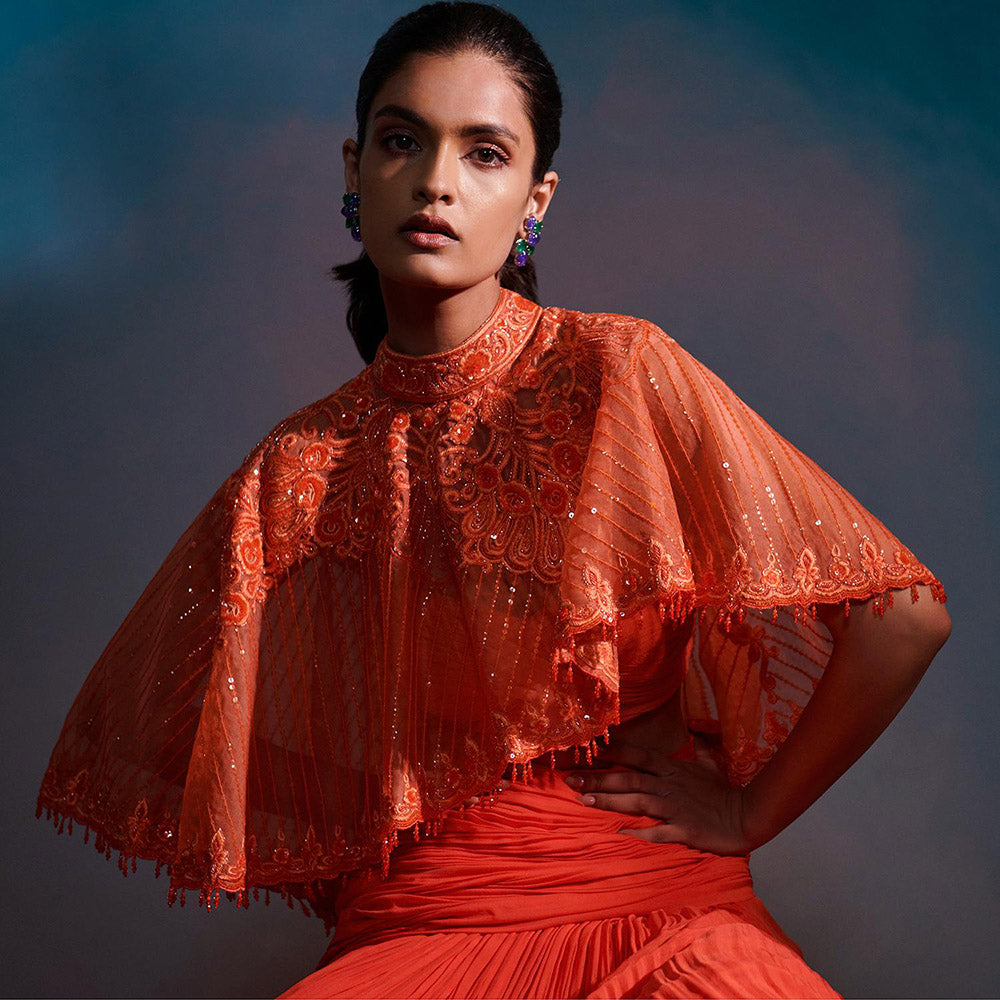 Anjali Kanwar Orange Embellished/Sequined Sirius Cape with Bustier and Skirt (Set of 3)