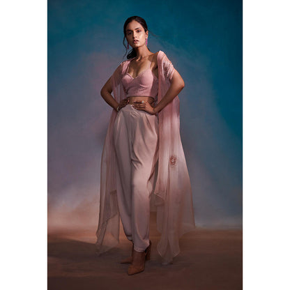 Anjali Kanwar Pink Embellished/Sequined Carina Cape with Bustier and Pant (Set of 3)