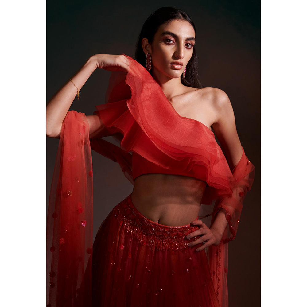 Anjali Kanwar Red Embellished/Sequined Helia Lehenga with Blouse and Dupatta (Set of 3)