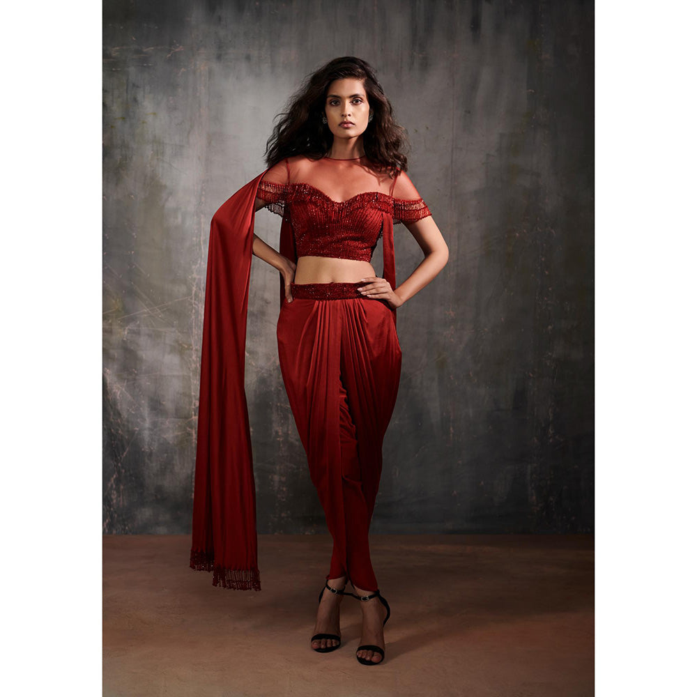 Anjali Kanwar Red Embellished/Sequined Bianca Draped Blouse with Dhoti (Set of 2)