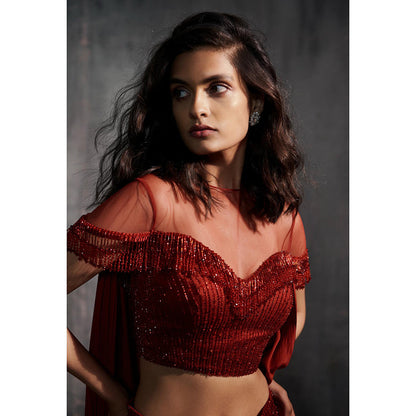 Anjali Kanwar Red Embellished/Sequined Bianca Draped Blouse with Dhoti (Set of 2)