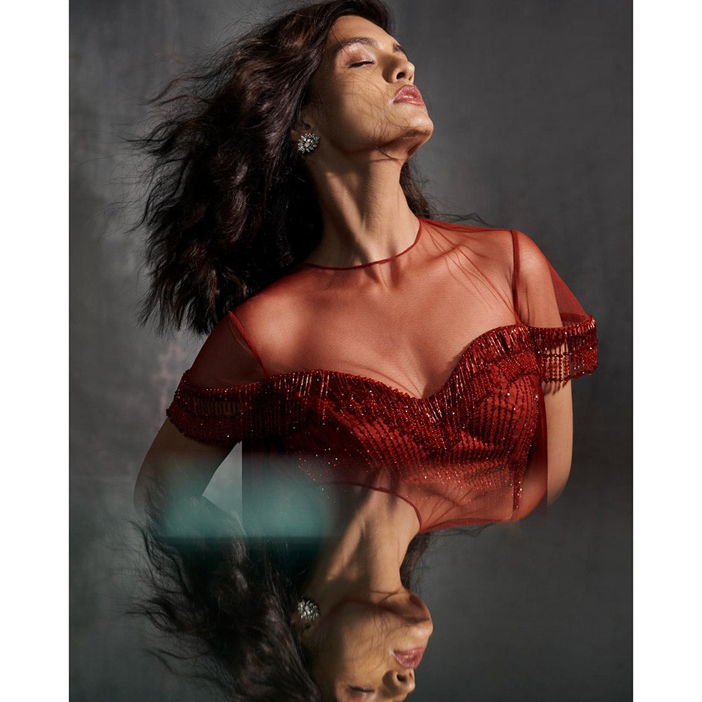 Anjali Kanwar Red Embellished/Sequined Bianca Draped Blouse with Dhoti (Set of 2)