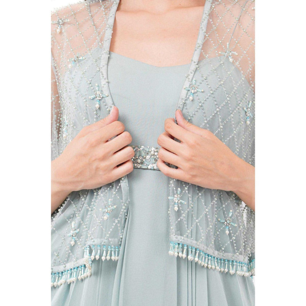 Anjali Kanwar Blue Embellished/Sequined Delilsh Maxi Dress with Cape (Set of 2)