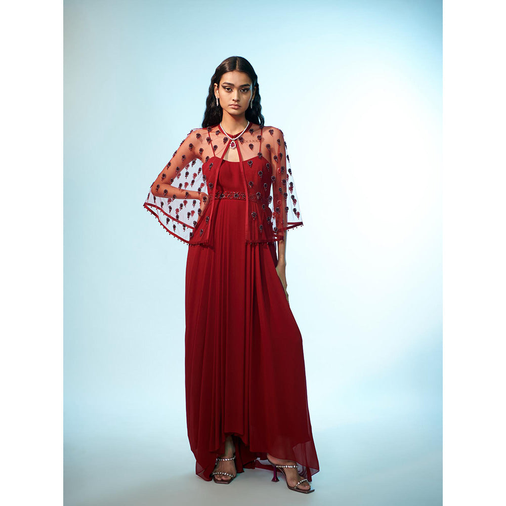 Anjali Kanwar Red Embellished/Sequined Chara Cape with Dress and Belt (Set of 3)