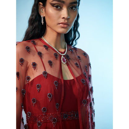 Anjali Kanwar Red Embellished/Sequined Chara Cape with Dress and Belt (Set of 3)