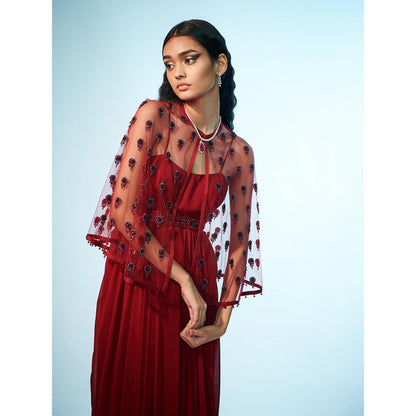 Anjali Kanwar Red Embellished/Sequined Chara Cape with Dress and Belt (Set of 3)