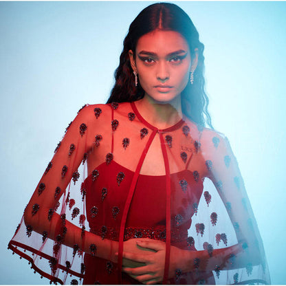 Anjali Kanwar Red Embellished/Sequined Chara Cape with Dress and Belt (Set of 3)