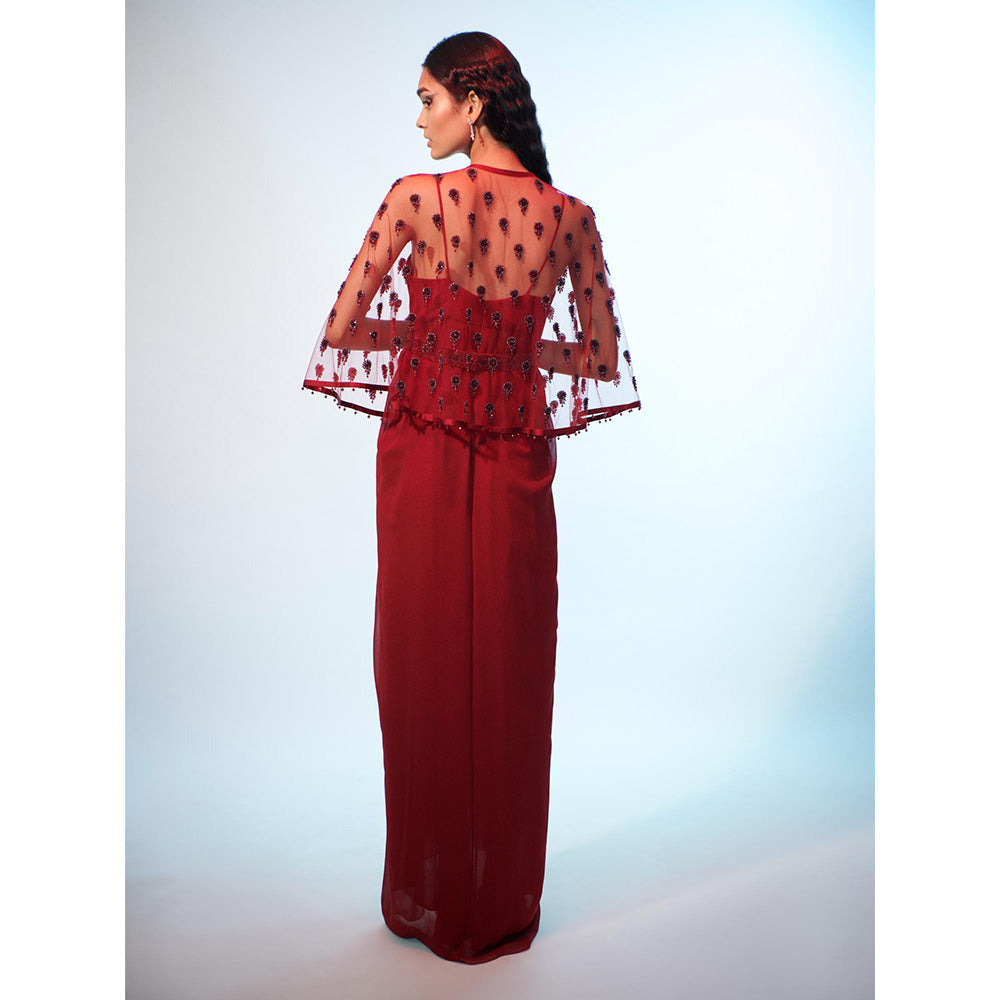 Anjali Kanwar Red Embellished/Sequined Chara Cape with Dress and Belt (Set of 3)