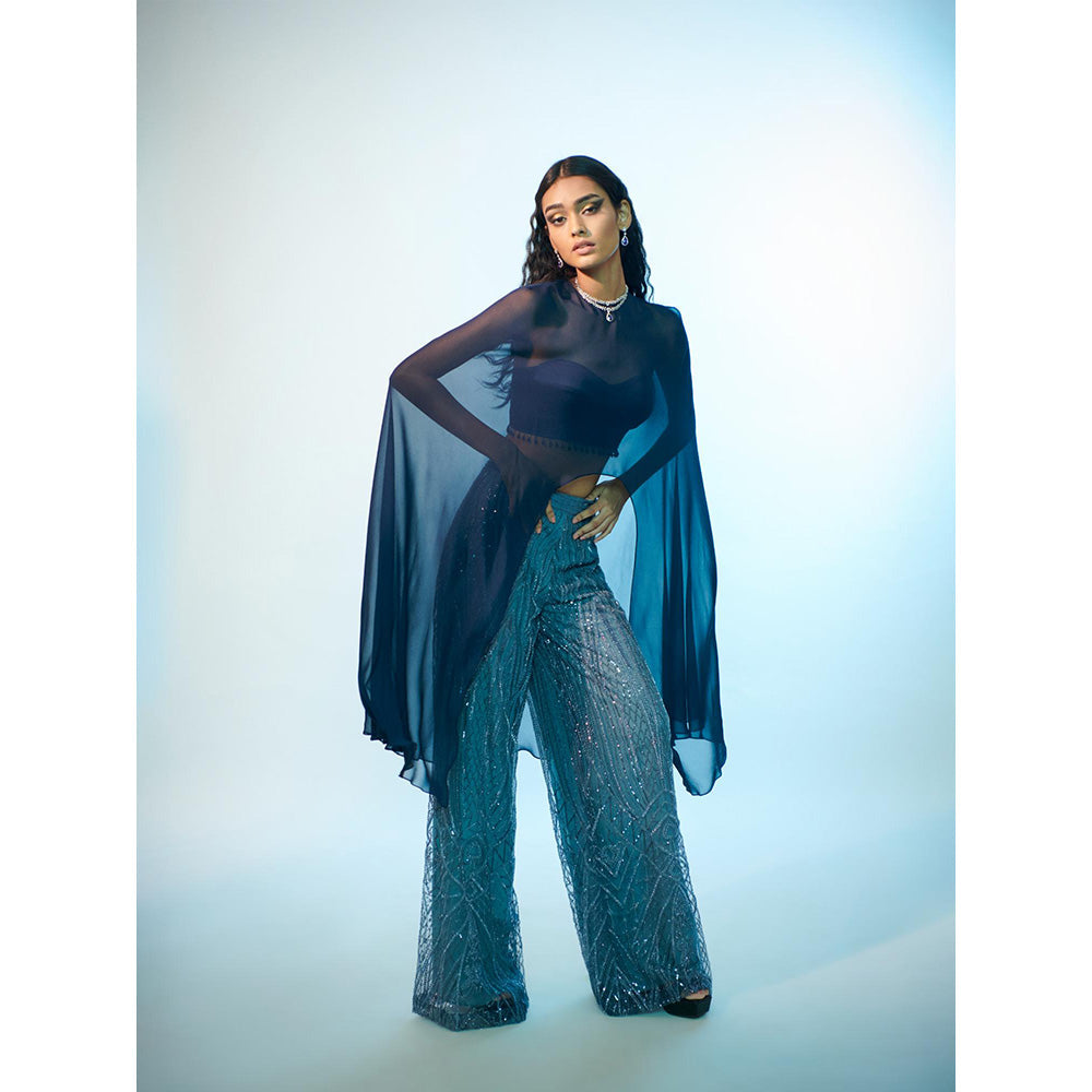 Anjali Kanwar Blue Embellished/Sequined Maria Cape with Bustier and Pant (Set of 3)