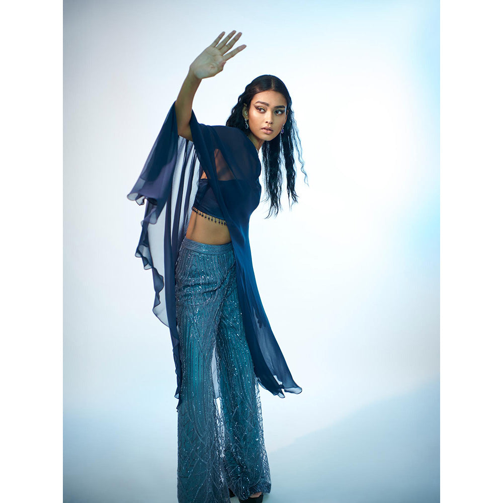 Anjali Kanwar Blue Embellished/Sequined Maria Cape with Bustier and Pant (Set of 3)