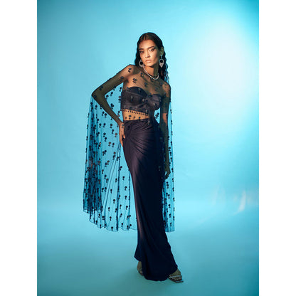 Anjali Kanwar Blue Embellished/Sequined Alhena Cape with Skirt and Bustier (Set of 3)