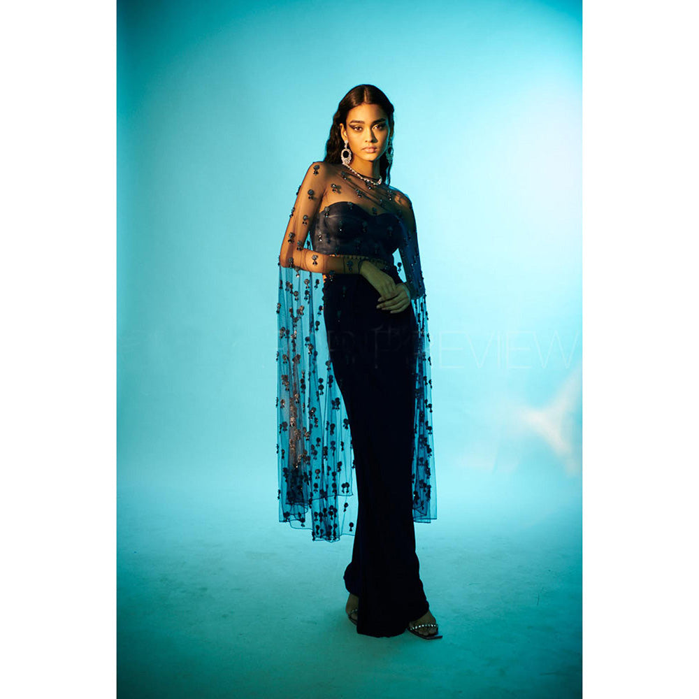 Anjali Kanwar Blue Embellished/Sequined Alhena Cape with Skirt and Bustier (Set of 3)