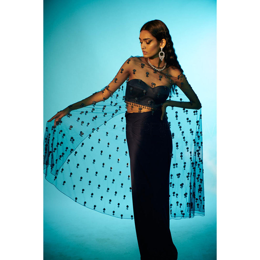 Anjali Kanwar Blue Embellished/Sequined Alhena Cape with Skirt and Bustier (Set of 3)